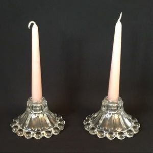 VTG pair round candleholders, glass ball bottom